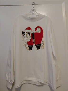 Vintage Santa Claws Cat T-Shirt Christmas Mock Neck Long Sleeves XL White Red